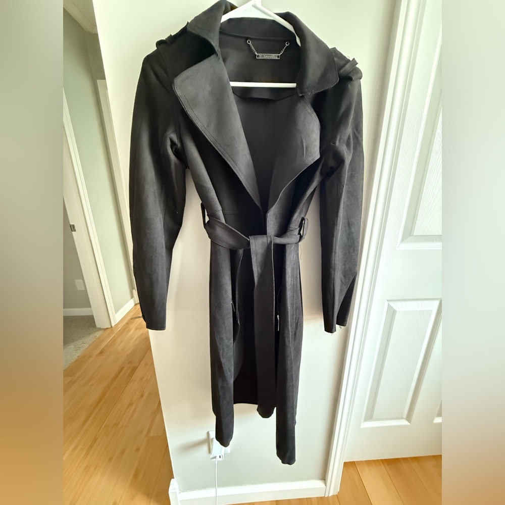 T Tahari Black Long Belted Trench Coat